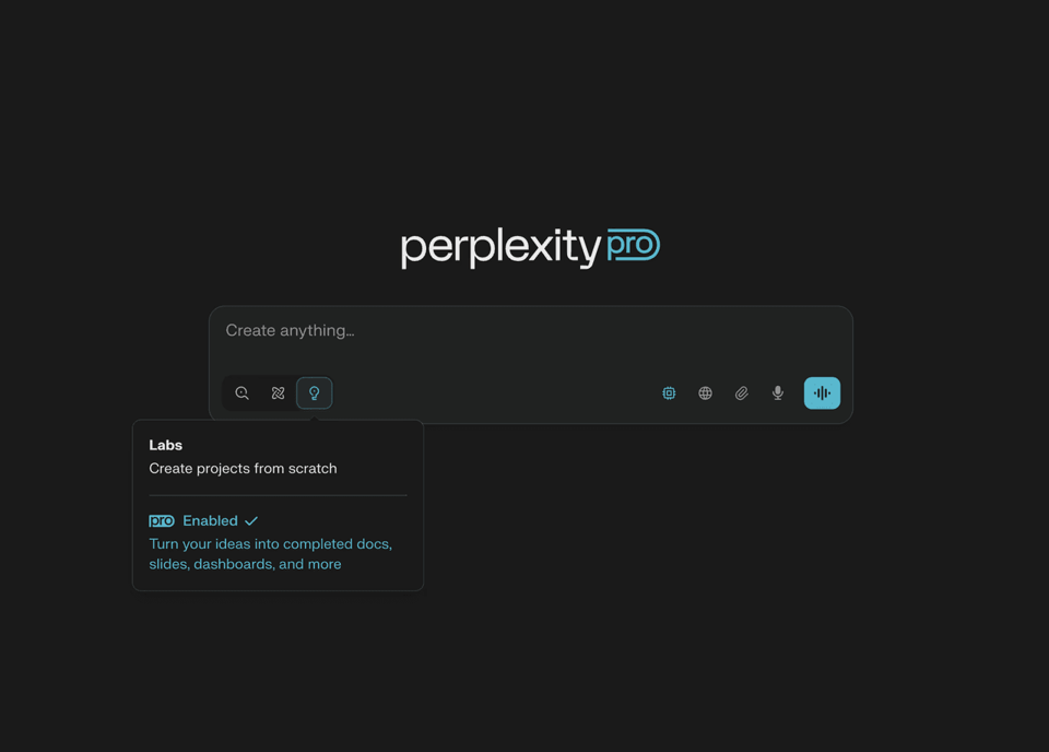Perplexity Pro interface with Labs feature enabled, an excellent Claude alternative for creating documents, slides, and turning ideas into completed projects.