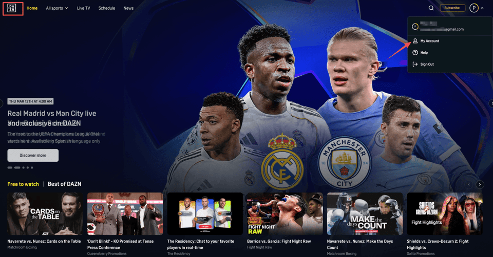 To know how to cancel DAZN subscription, click the profile icon on the top right and select the My Account option menu.