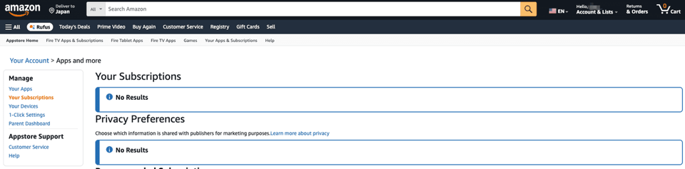A blank app subscriptions screen you might see when checking how to cancel hulu on amazon if billed directly by Hulu.