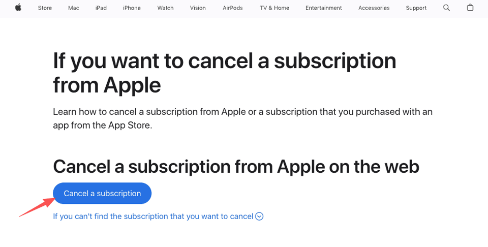 The Apple support page showing the cancel a subscription button for users who signed up via the iOS App Store.