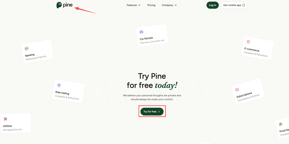 The Pine AI homepage highlighting subscription tools to help users with how to cancel Walmart Plus and other services.