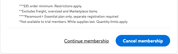 A blue button labeled cancel membership at the bottom of the page explaining how to cancel Walmart Plus online.