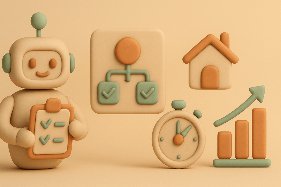 Clay illustration of a robot with clipboard, marketing flowchart, house icon, timer, and bar chart