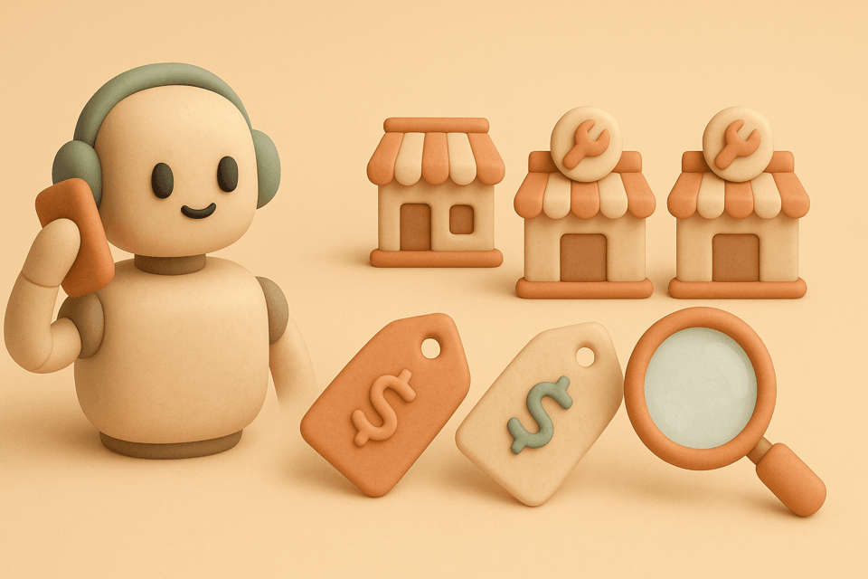 Clay illustration of a robot making calls, repair shop storefronts, price tags, and magnifying glass