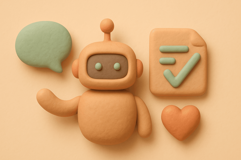 Clay robot figure, speech bubble, document with checkmark, and heart on beige background