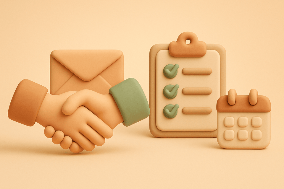 Clay handshake, email envelope, clipboard checklist and calendar representing B2B outreach