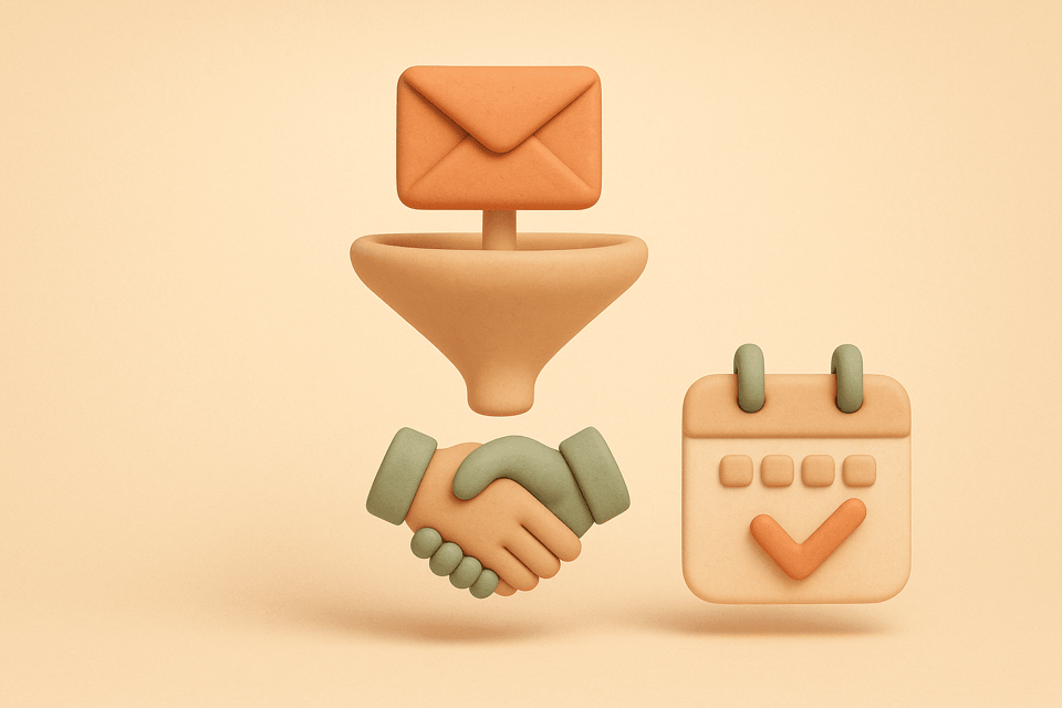 Clay funnel pipeline showing email to handshake to booked calendar meeting in warm beige tones