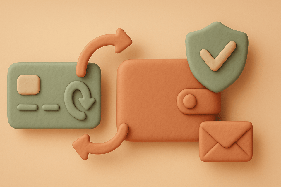 Clay credit card with refund arrow going to wallet protected by checkmark shield