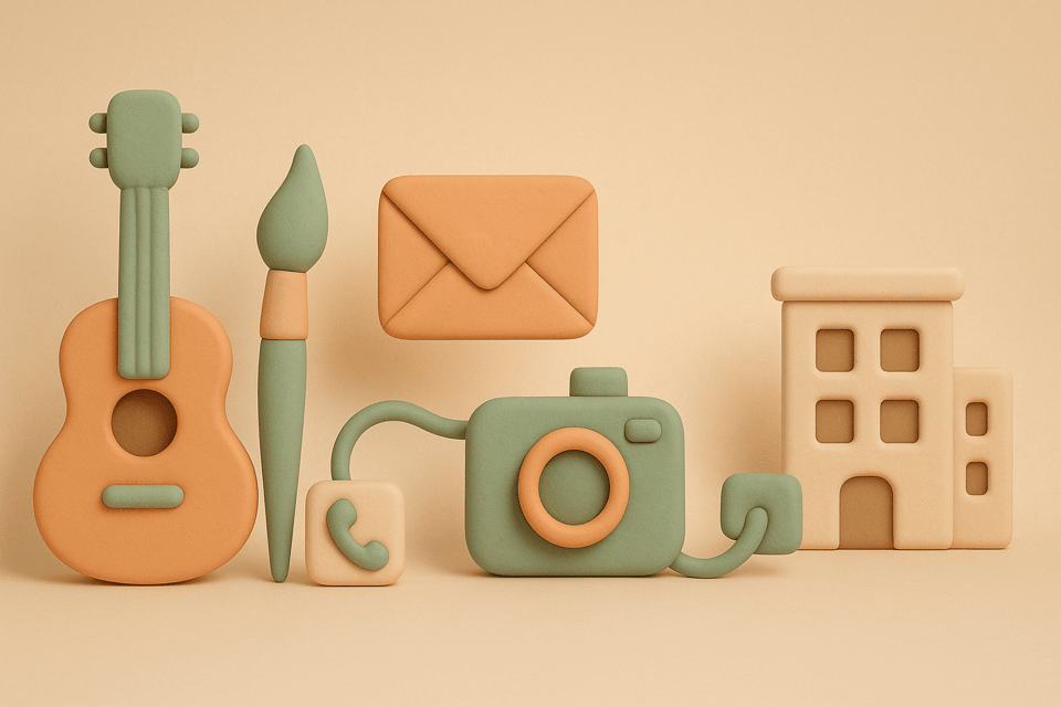 Clay guitar paintbrush camera and email envelope connecting creative tools to agency building