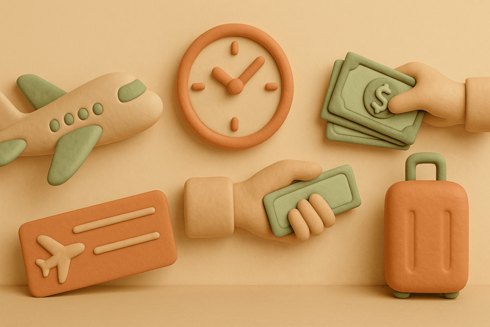 Clay airplane with clock and money being handed over
