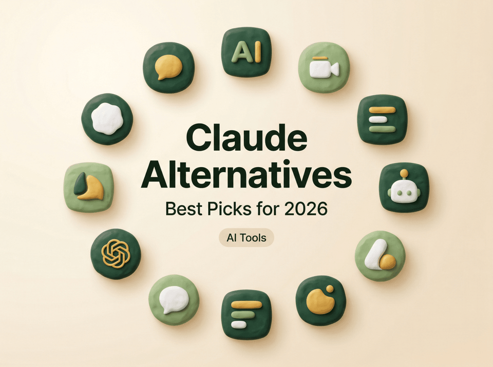 Claude alternatives 2026 - best AI tools arranged in a modern clay-style circle including ChatGPT, Gemini, Perplexity, Grok and more.