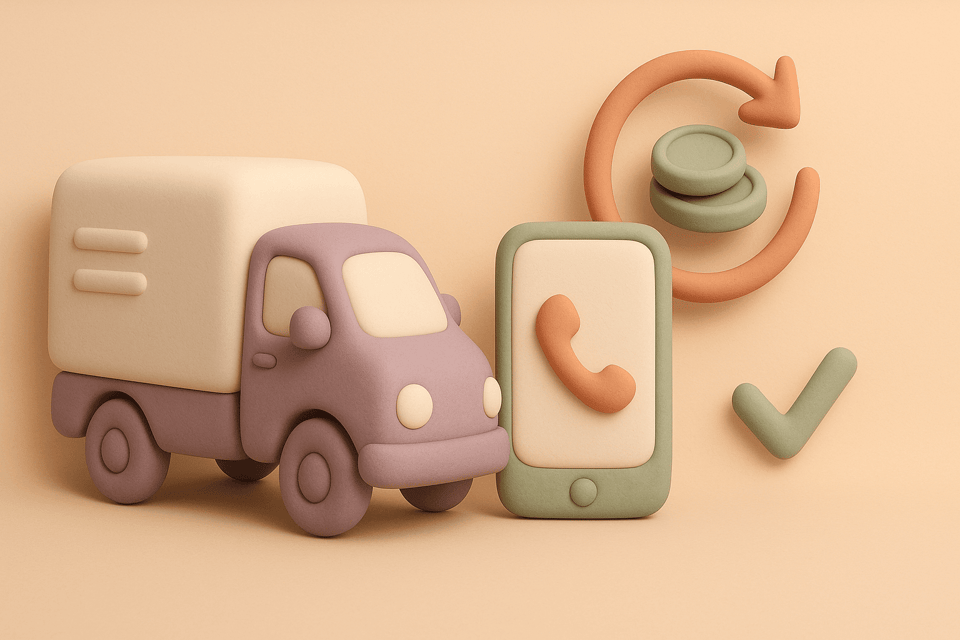Clay delivery truck with phone call icon, refund arrow with coins, and checkmark