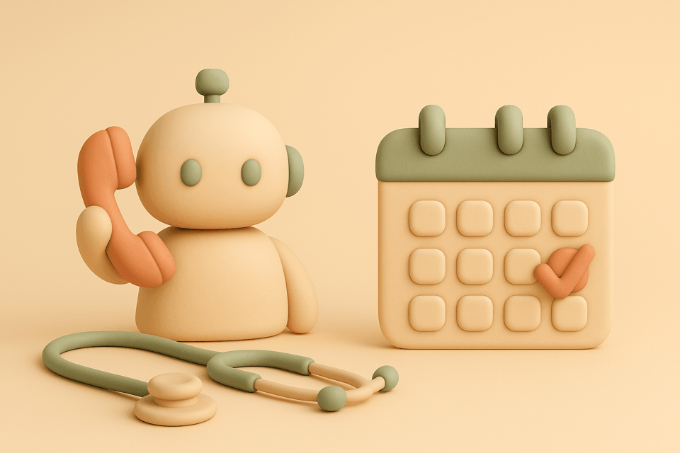 Clay AI assistant holding phone receiver with stethoscope and calendar with checkmark