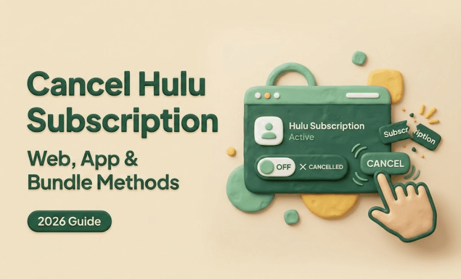 Step-by-step 2026 guide to cancel Hulu subscription showing active plan toggle switched OFF and CANCEL button highlighted in green clay illustration style.