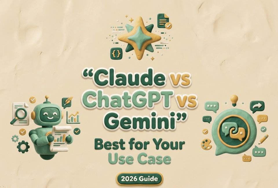3D illustration for 2026 guide on claude vs chatgpt vs gemini, comparing the best AI chatbots for various use cases.