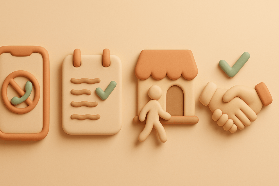 Clay illustration of a phone with blocked call icon, notepad with script, person walking into store, and handshake