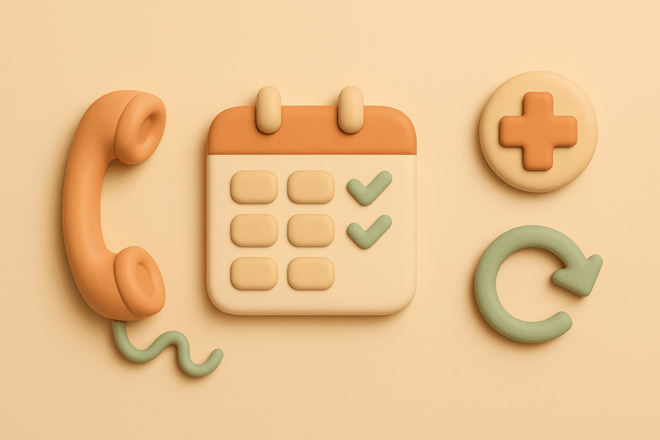 Clay illustration of a phone with disconnected cord, calendar, medical cross, and retry arrow