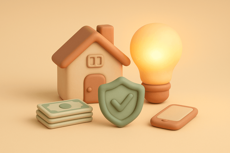 Soft clay illustration of a house, glowing light bulb, shield with checkmark, bills, and phone representing utility dispute resolution