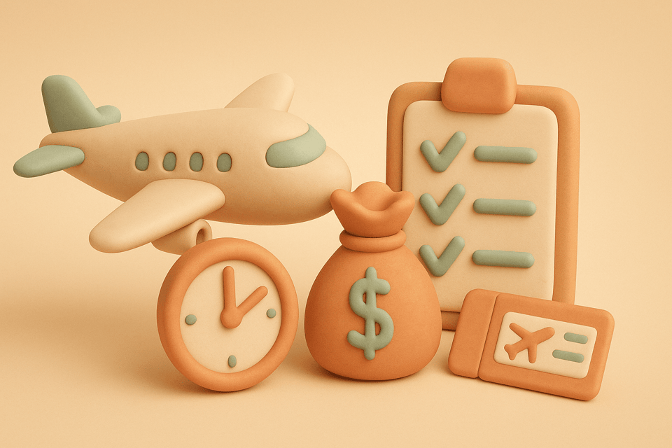 Clay style illustration of airplane with delay clock and compensation money bag