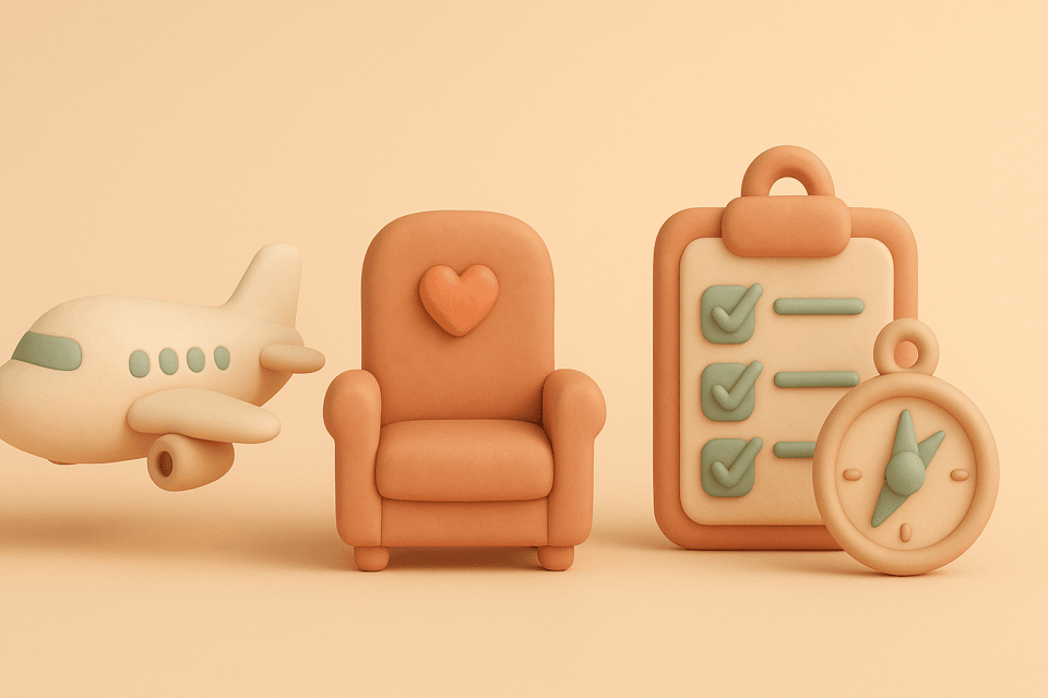 Clay-style illustration of airplane, seat with heart, clipboard checklist, and compass