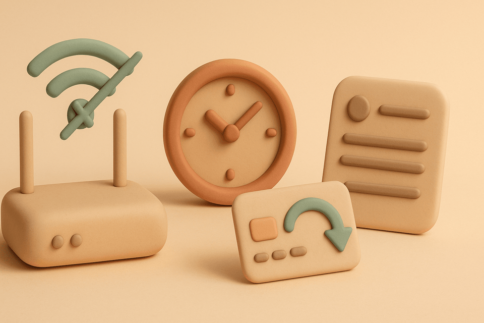 Clay illustration of Wi-Fi router, clock, credit card refund, and complaint form