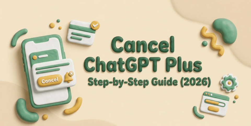 A 3D illustration banner featuring a mobile phone and text guide on how to cancel chatgpt plus subscription easily.