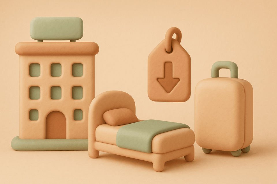 Clay illustration of hotel, bed, price tag, suitcase