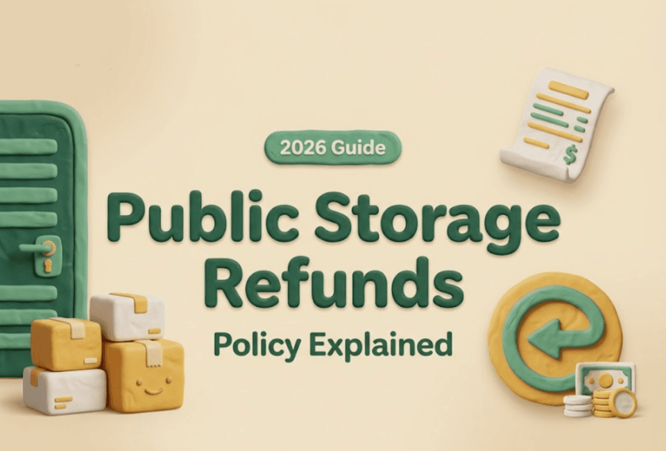 A visual 2026 guide explaining the public storage refund policy, featuring a storage door, boxes, and a return icon.