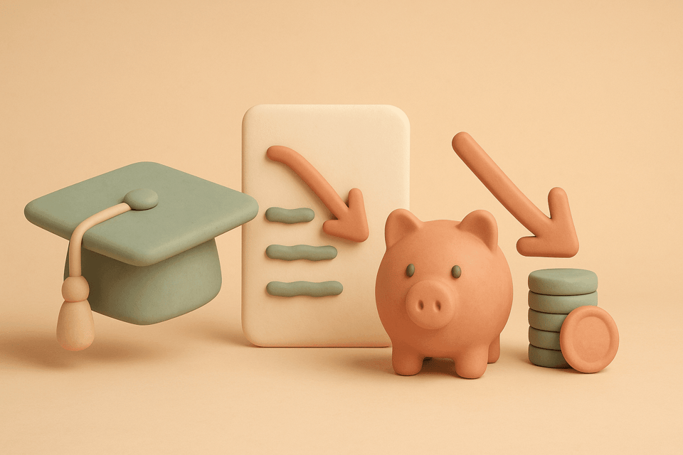 Clay illustration of graduation cap, bill, piggy bank, and coins