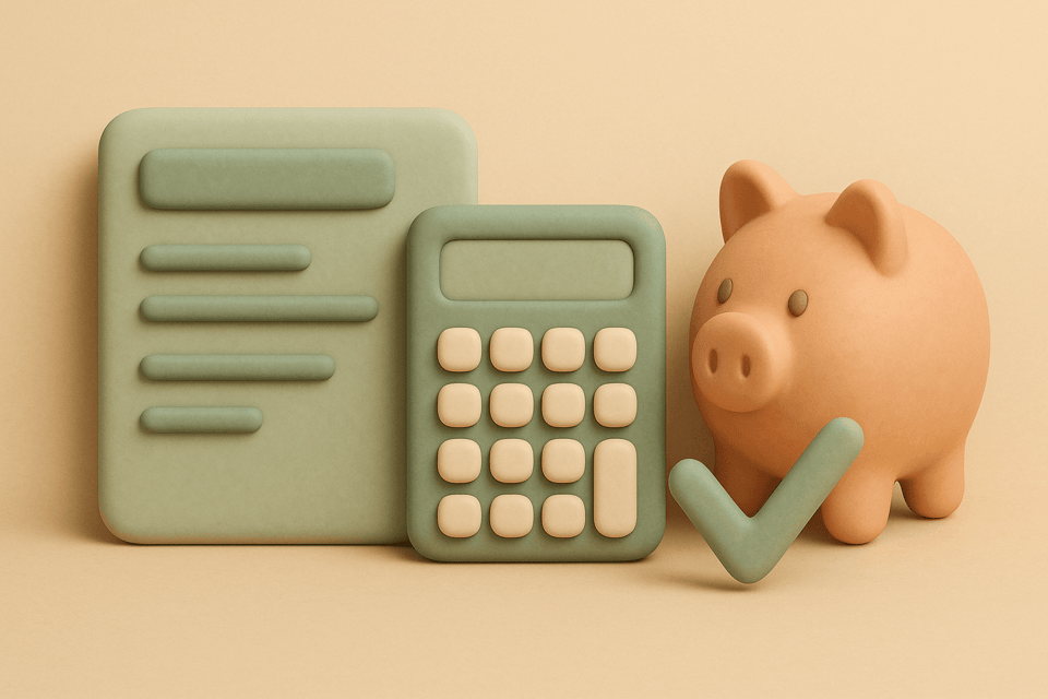 Clay illustration of tax form, calculator, piggy bank, and checkmark