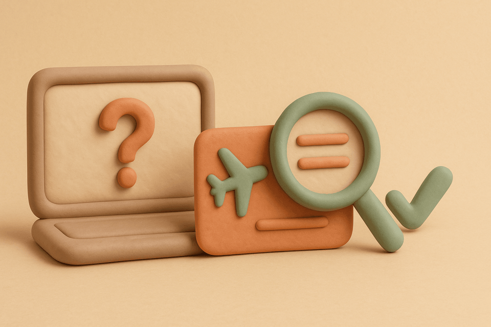 Clay laptop with question mark, airline ticket, magnifying glass and verification checkmark
