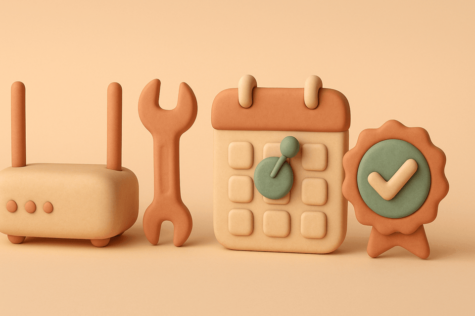 Clay-style illustration of wifi router, wrench tool, calendar with pinned date, and confirmation badge