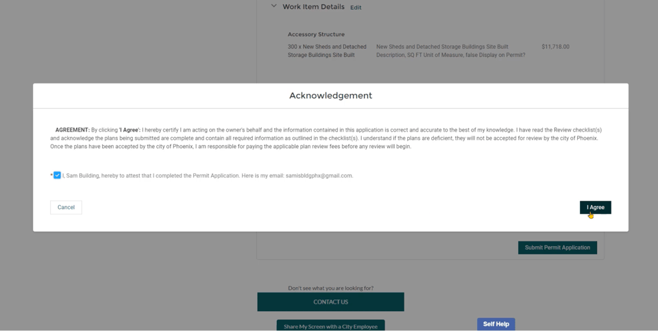 Read and complete the acknowledgements required by the selected City record. SHAPE PHX sample acknowledgement and certification screen