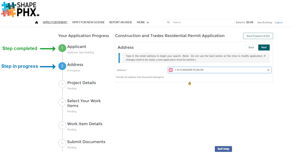 Search for and confirm the short-term rental property address. SHAPE PHX sample address search and confirmation screen