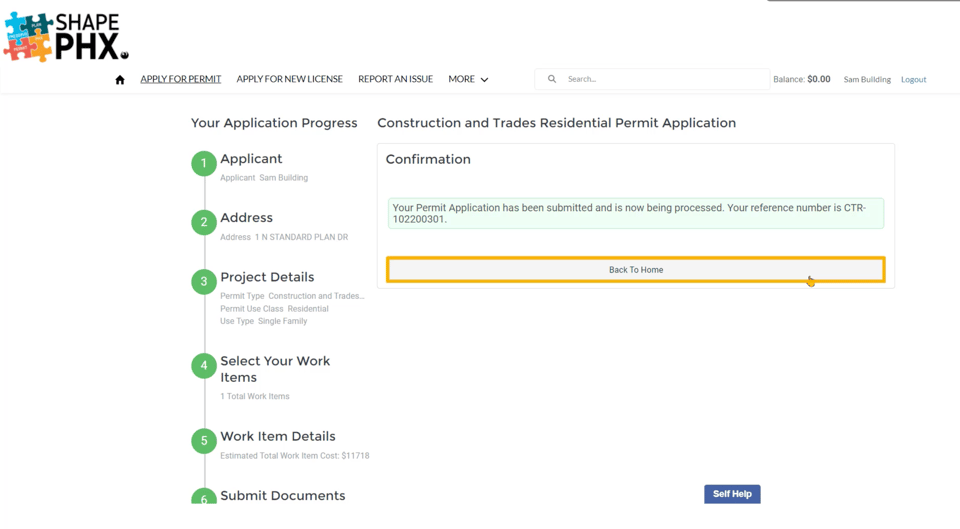 Save the submission confirmation and reference number with the property compliance records. SHAPE PHX sample submission confirmation with an application reference number