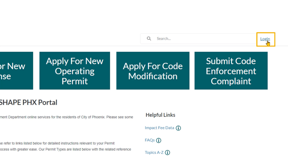 Open the City portal and continue to the SHAPE PHX sign-in page. City of Phoenix SHAPE PHX portal entry page with a login action