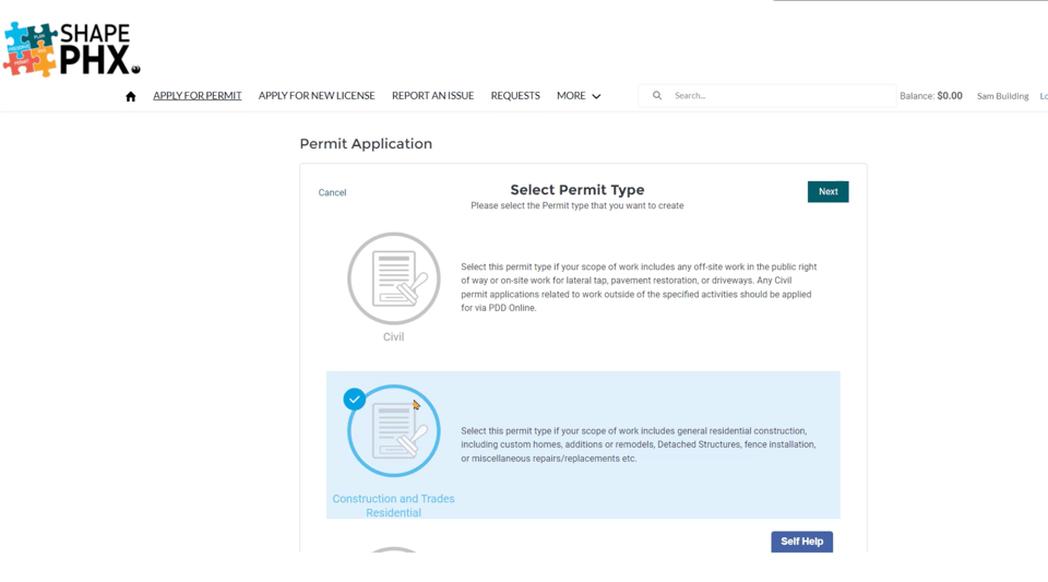 Use the permit-type screen as a navigation example, then choose the City-linked short-term rental record for the property. SHAPE PHX sample permit-type selection screen