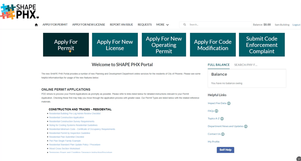Start a new City application from the SHAPE PHX dashboard. SHAPE PHX portal home showing the Apply action and application dashboard