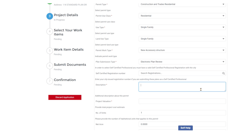 Complete the property and application details required by the selected City record. SHAPE PHX sample project details screen
