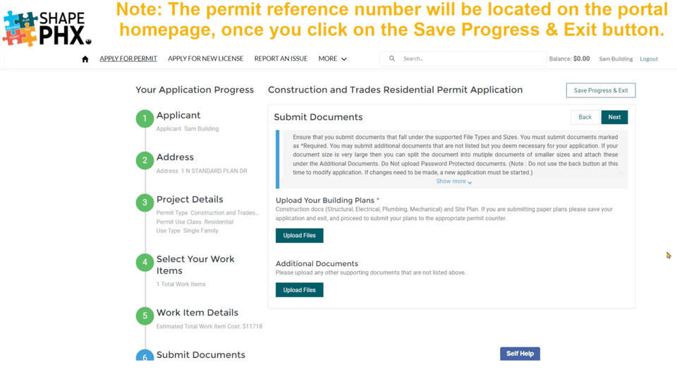Upload each required record and label it clearly for City review. SHAPE PHX sample document upload screen with file and description controls