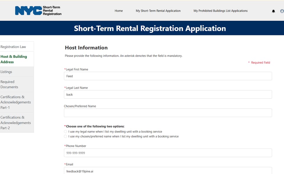 Complete the host information using the applicant's own permanent-occupancy details; the values shown are examples. New York City OSE short-term rental registration Host Information form with example name, phone, and email values