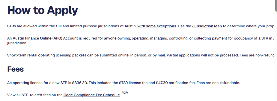 Choose the City submission method that fits the applicant and property record. City of Austin short-term rental application guide showing online and in-person submission options