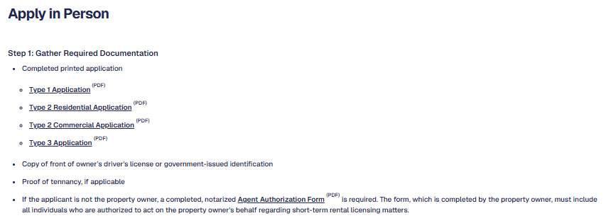 Use the City checklist to prepare the identification and authorization records for an in-person application. City of Austin short-term rental application guide listing the documents required for an in-person application