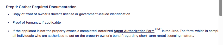 Gather the City-listed owner application documents before starting the license process. City of Austin short-term rental application guide listing the documents required for an owner application
