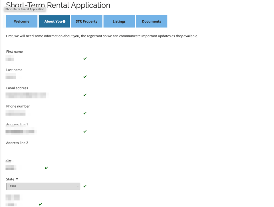 Complete every required profile field; the example values are pixelated for privacy. Houston short-term rental portal About You profile with personal values pixelated for privacy
