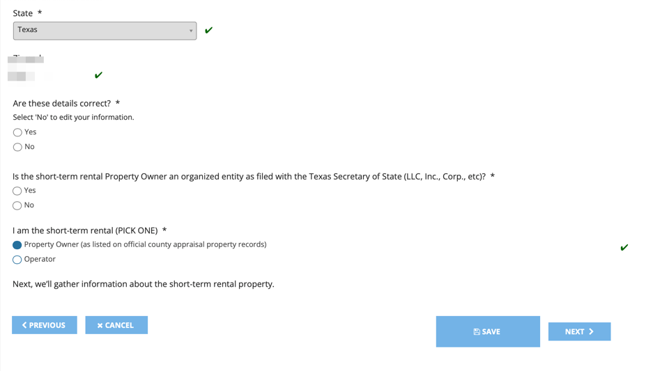 Confirm the profile details and choose the property-owner or operator role that matches the registrant. Houston short-term rental registration profile showing the confirmation and property-owner or operator role options, with the example ZIP code pixelated