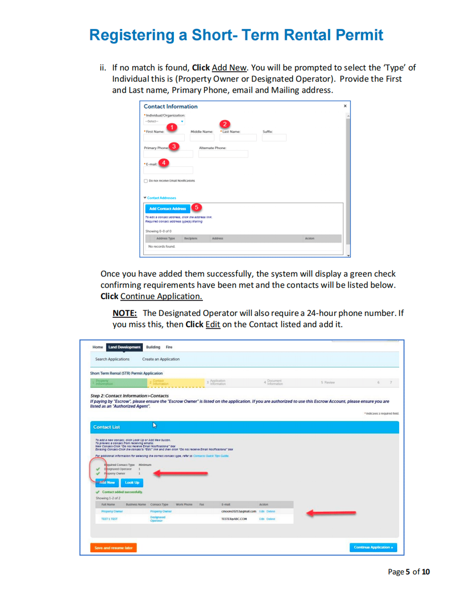 Add or select the applicant and designated-operator contacts required by BuildSA. City of San Antonio BuildSA guide showing the Add Contact workflow