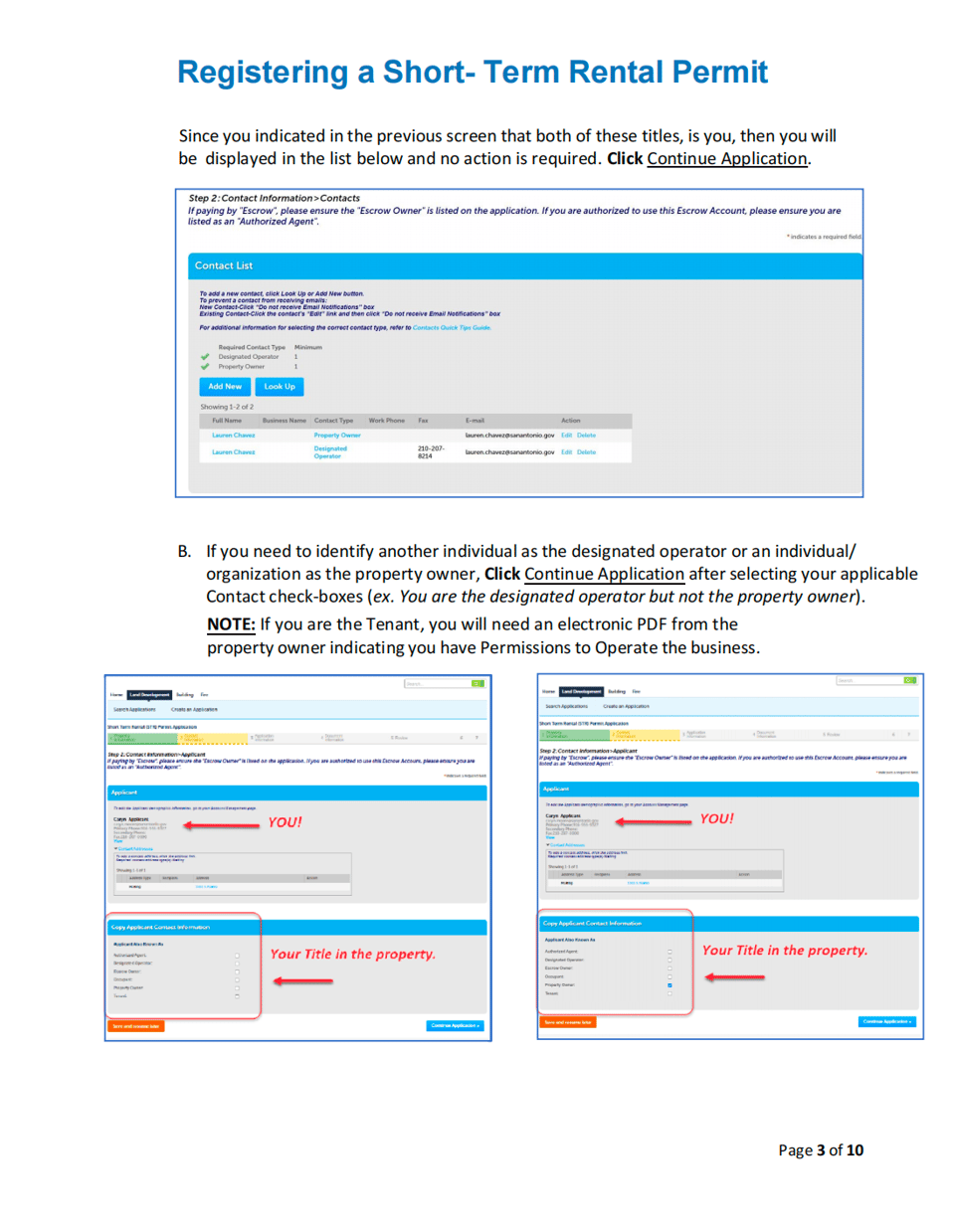 Review the property-owner and designated-operator contacts before continuing. City of San Antonio BuildSA guide showing the property owner and designated operator contact list