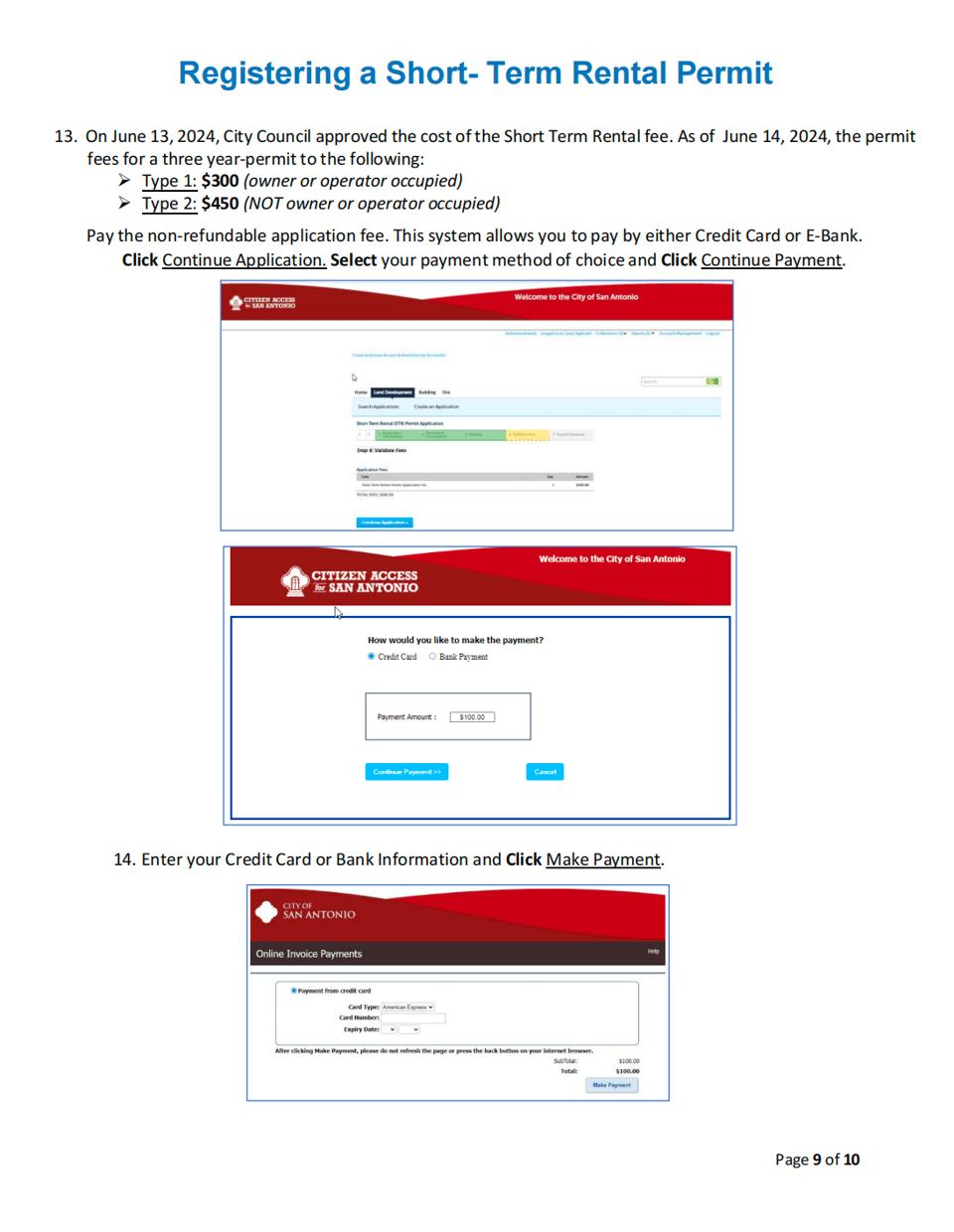 Use the current City fee schedule above the example payment interface; the amount shown inside the sample interface is illustrative. City of San Antonio BuildSA guide showing current Type 1 and Type 2 permit fees and the online payment screen