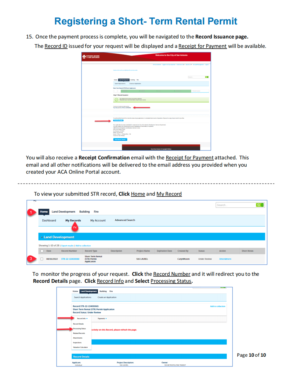 Save the issued Record ID and use the receipt and processing-status links to track the application. City of San Antonio BuildSA record issuance page showing the Record ID, receipt, and processing-status links